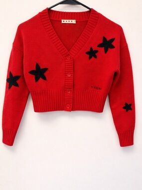 Marni Red Cropped V-Neck Cardigan with Black Star Motifs